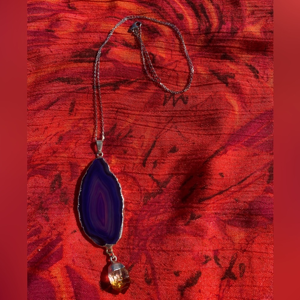 Natural purple agate slice and citrine quartz pendant on sterling silver chain